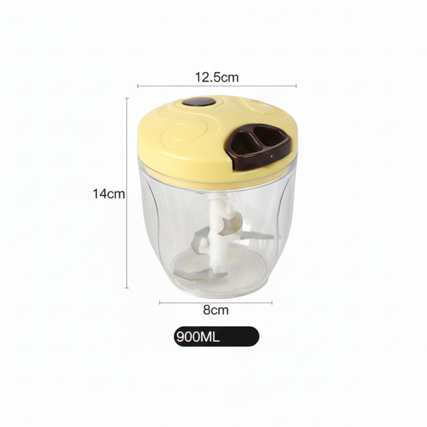 Yellow and clear manual food chopper with measurement details on a white background