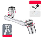 Chrome faucet with installation components and water flow demonstration on a white background