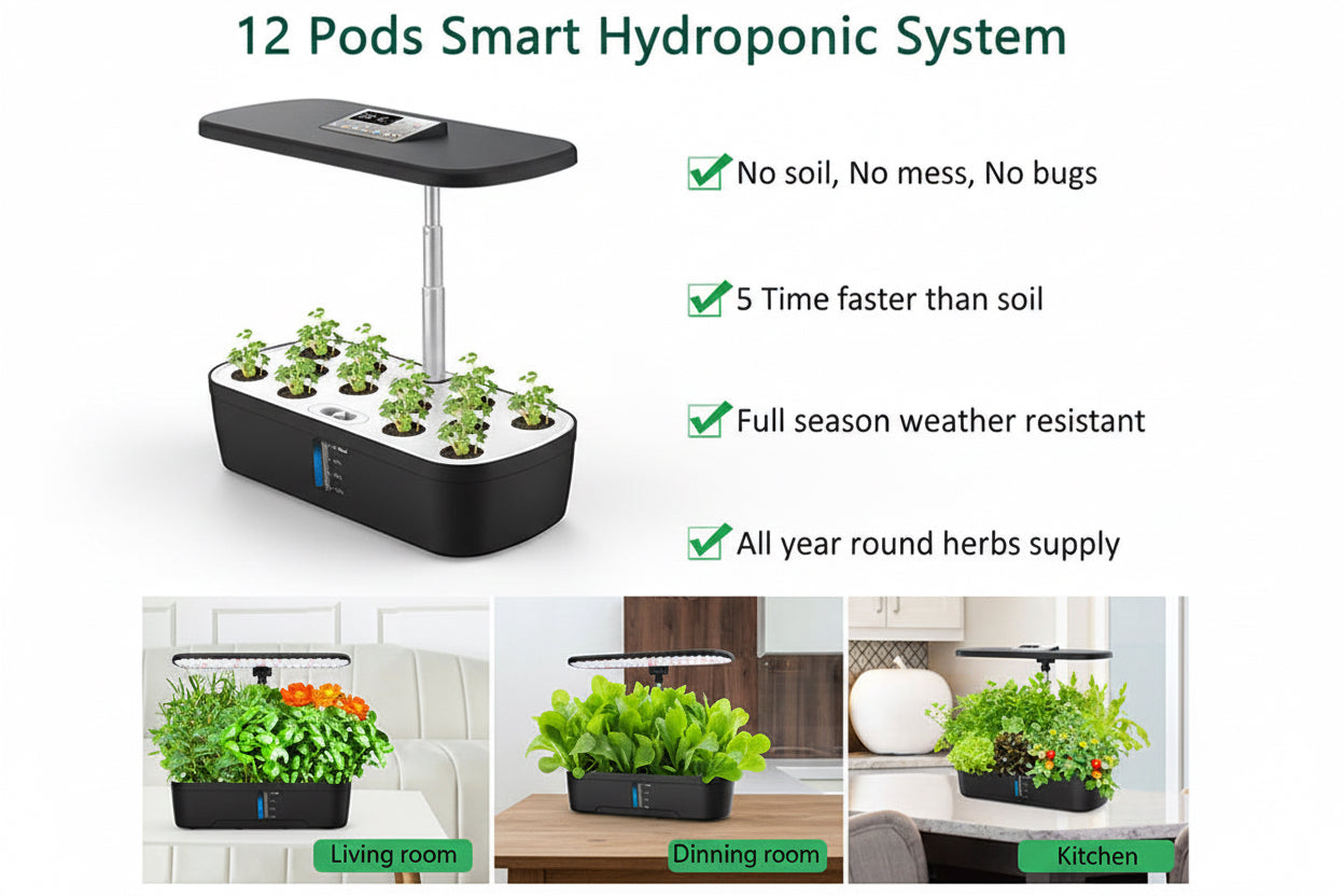 NEW Smart Hydroponics Vegetable Soilless Planter (12-hole LCD Plant Growth Lamp)
