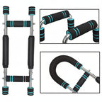 Fitness equipment with black and blue handles on a white background