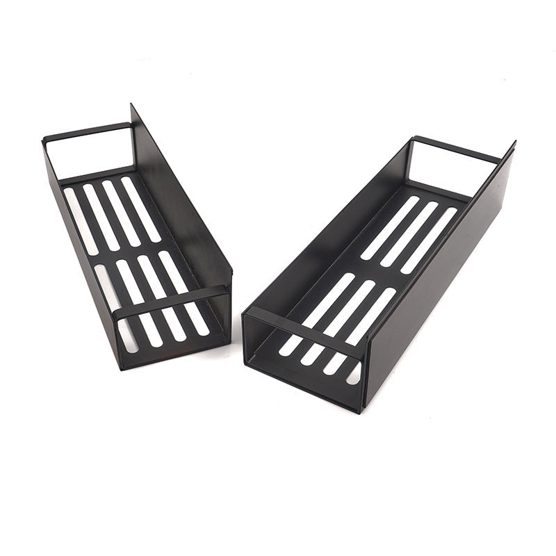 Two black metal shelves on a white background with text and branding.
