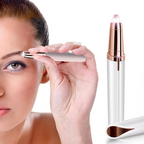 Woman using an electric eyebrow trimmer with a close-up of the product on a white background
